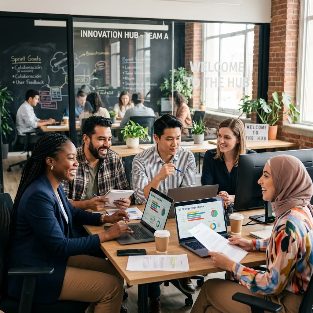 Call center team collaborating